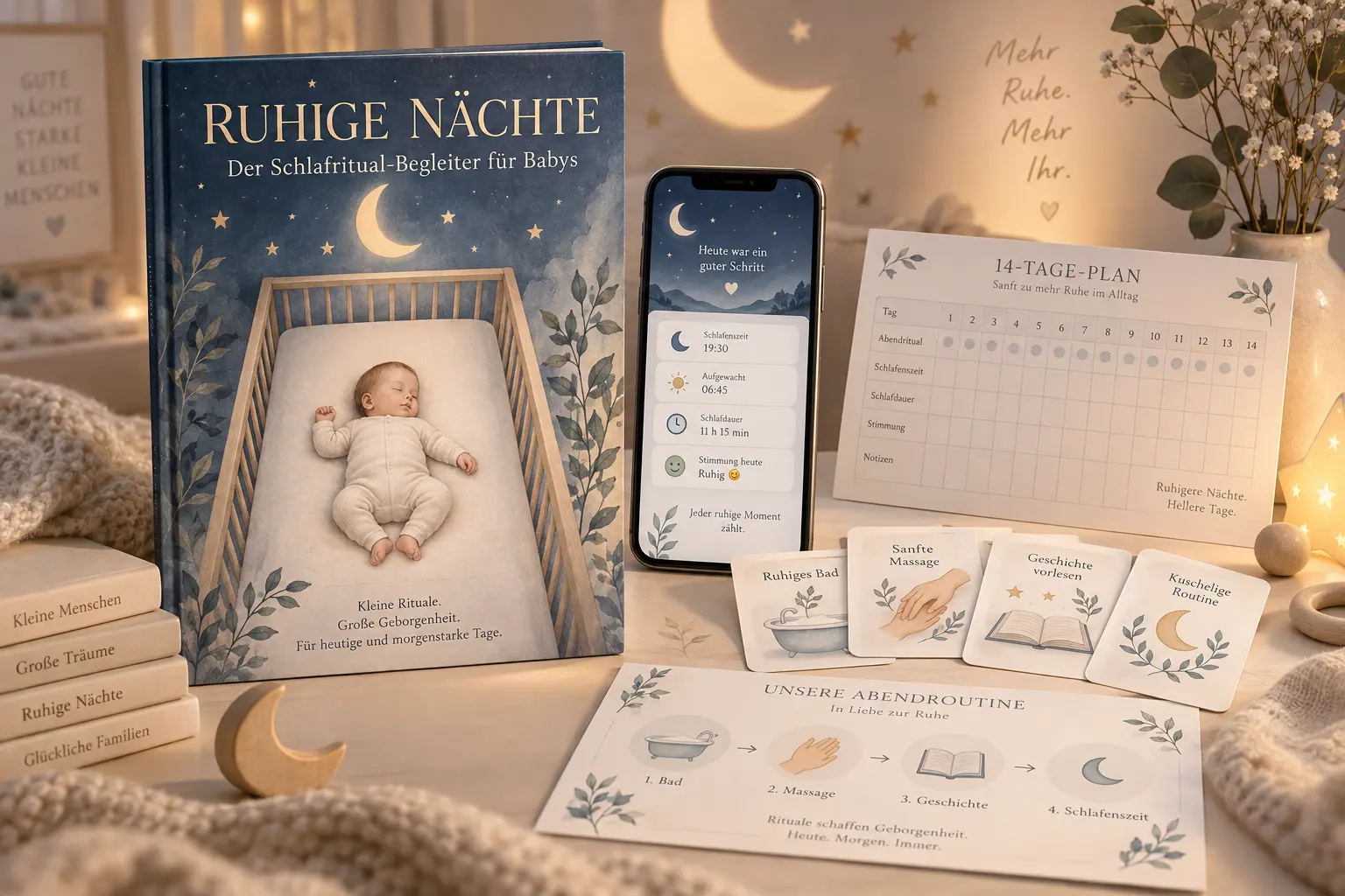 Ruhige Nächte Komplettpaket mit Ratgeber, 14-Tage-Plan, Ritualkarten und interaktiver Begleitseite